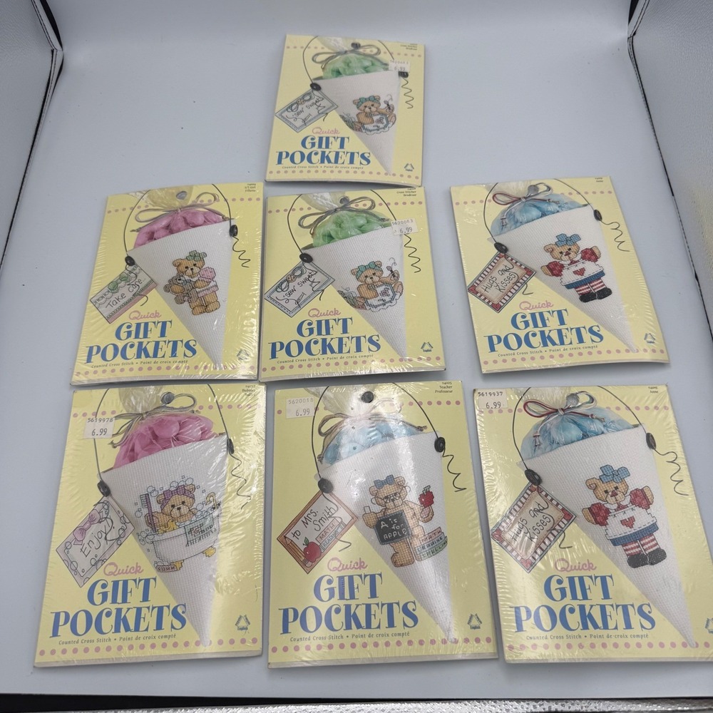 Lot 7 Leisure Arts Quick Gift Pockets Counted Cross Stitch Kits Teddy Bears New